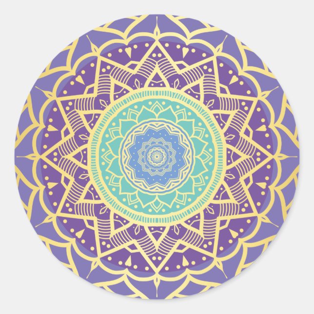 Pegatina Redonda Morado Indigo Oro Turquesa Mandala Bohemiana (Anverso)