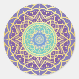 Pegatina Redonda Morado Indigo Oro Turquesa Mandala Bohemiana