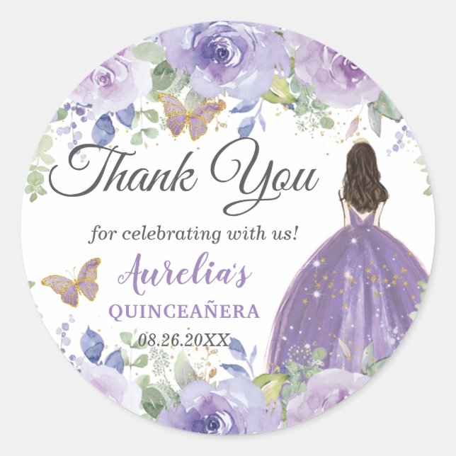 Pegatina Redonda Morado Lilac Floral Butterflies Princess Favor (Anverso)