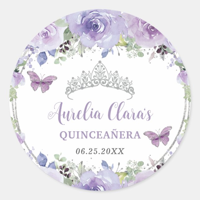 Pegatina Redonda Morado Lilac Floral Quinceañera Corona Butterflies (Anverso)