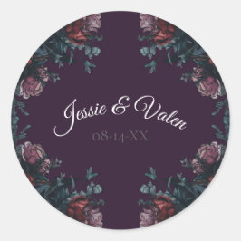 Pegatina Redonda Morado oscuro Floral Elegante Boda Maroon Mauve