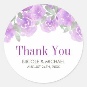 Pegatina Redonda Morado Watercolor Floral Garden Wedding