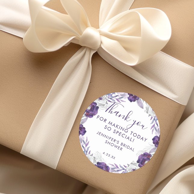 Pegatina Redonda Morado y plateado acuarela Floral Bridal Shower (Purple and Silver Watercolor Floral Bridal Shower Classic Round Sticker)