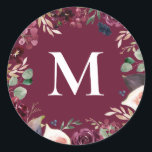 Pegatina Redonda Morado y rosa acuarela floral inicial<br><div class="desc">Diseño de la comunión de color morado y rosa. Parte de una colección.</div>