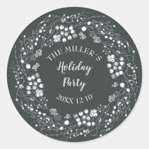 Pegatina Redonda Moras blancas de invierno con flores en verde terc