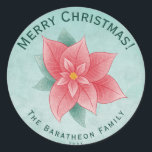 Pegatina Redonda Morerry Christmas Green Watercolor Poinsettia<br><div class="desc">Envíe sus tarjetas de Navidades de familia con estas acuarelas verdes personalizadas y la poinsettia floral roja Feliz Navidad pegatinas. Estos pegatinas de puninsettia de Navidades son personalizable: Puede editar el texto haciendo clic en "personalizar esta plantilla". Decoren el papel de sus Navidades familiares con estos elegantes pegatinas de color...</div>