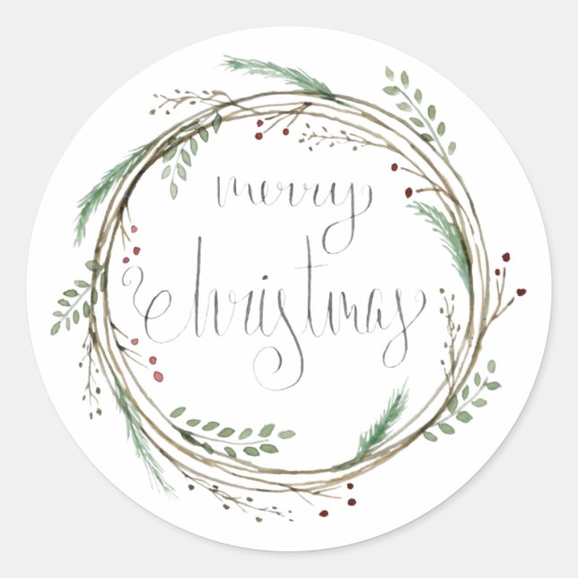 Pegatina Redonda Morerry Christmas Watercolor Wreath (Anverso)