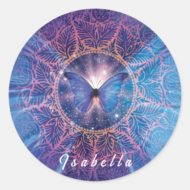 Pegatina Redonda Morfo mariposa / Galaxia Mandala (Anverso)