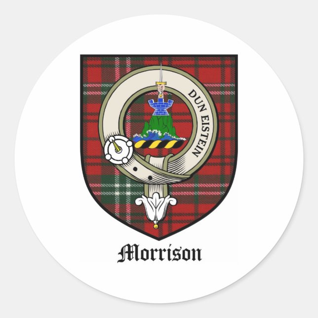 Pegatina Redonda Morrison Clan Escudo Badge Tartan (Anverso)