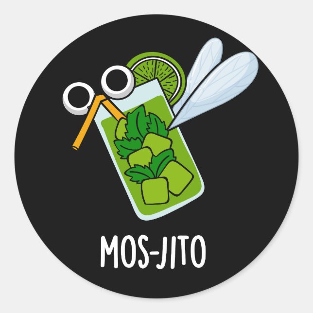 Pegatina Redonda Mos-jito Funny Mojito Bebe Pun Dark BG (Anverso)