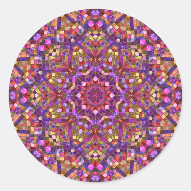 Pegatina Redonda Mosaic PurpleVintage Fractal Kaleidoscope (Anverso)