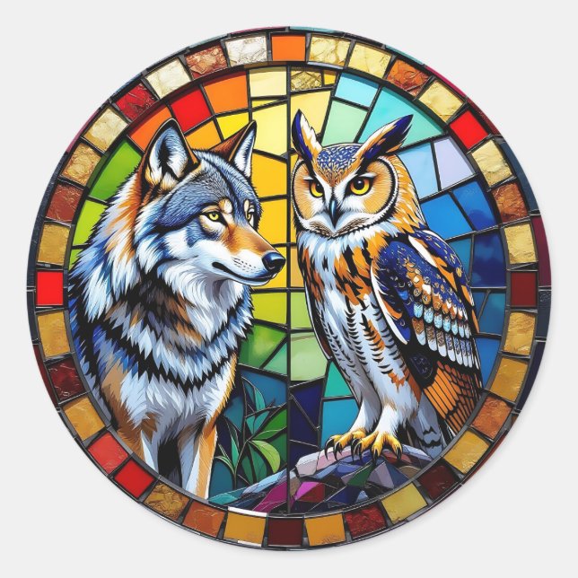 Pegatina Redonda Mosaic Wolf and Owl Vibrant Art (Anverso)