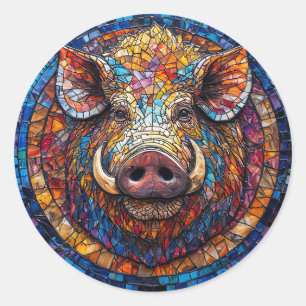 Pegatina Redonda Mosaico de jabalí con obra de arte geométrica únic