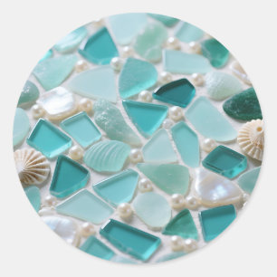 Pegatina Redonda Mosaico de Vidrio Marino Turquesa Encanto Costero