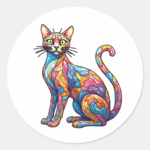 Pegatina Redonda Mosaico multicolor gracioso gato 756