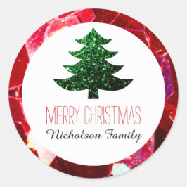 Pegatina Redonda Mosaico rojo Árbol verde de Navidad brillante etiq