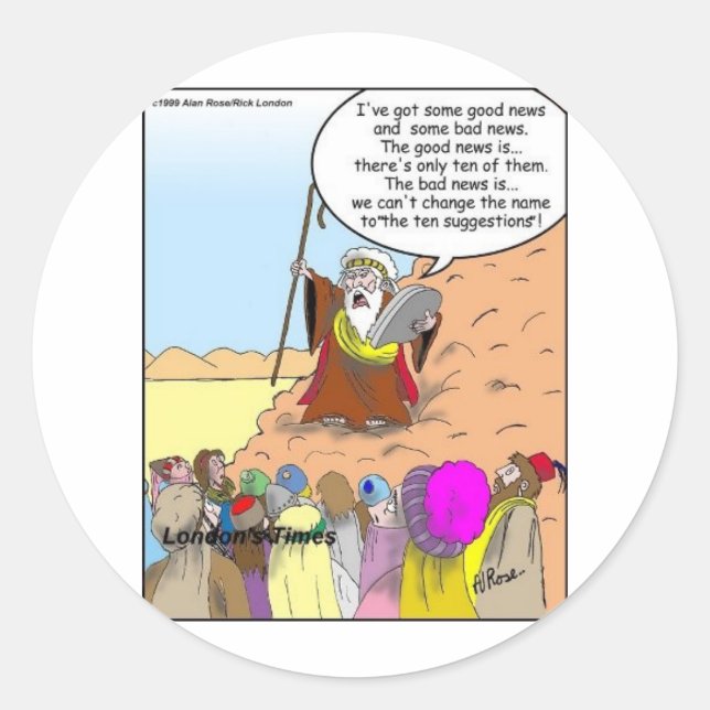 Pegatina Redonda Moses & Las Diez Sugerencias Graciosos Regalos Y T (Anverso)