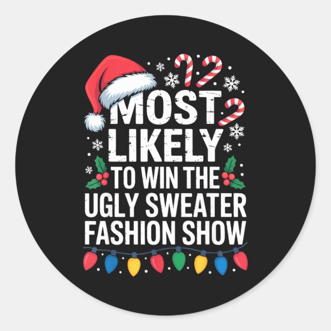 Pegatina Redonda Most Likely Win Ugly Sweater Party Humor Holiday L (Anverso)
