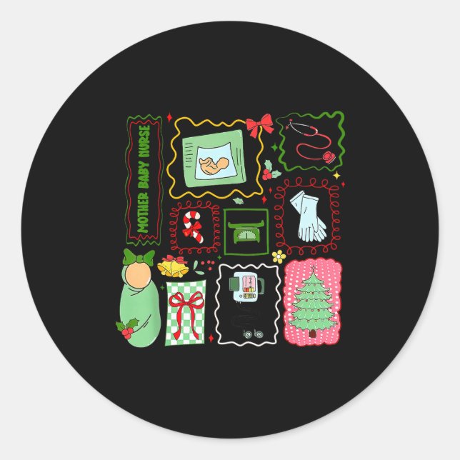 Pegatina Redonda Mother Baby Nurse Christmas Stamp Stpartum Materni (Anverso)