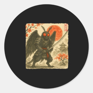 Pegatina Redonda Mothman Samurái Traje de Guerrero Japonés Sumi-e A