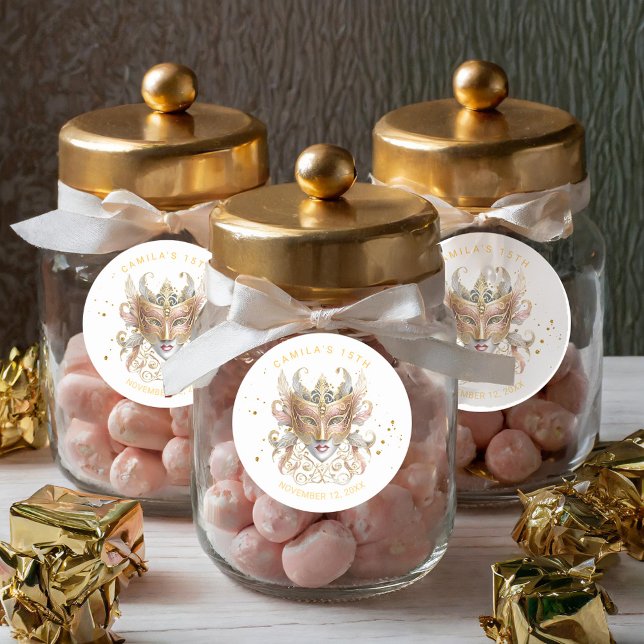 Pegatina Redonda Motif de mascarada Quinceanera Rosa Gold ID1031 (Subido por el creador)