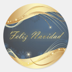Pegatina Redonda Motivo navideño dorado con fondo azul...