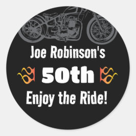 Pegatina Redonda Motocicleta con llamas 50 o cualquier cumpleaños