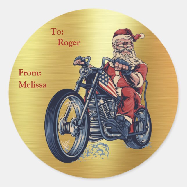 Pegatina Redonda Motocicleta conduciendo a Santa Claus en Relieve m (Anverso)