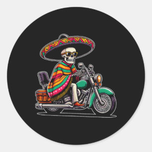 Pegatina Redonda Motocicleta Skeletker Mexicano Sombrero Cinco D