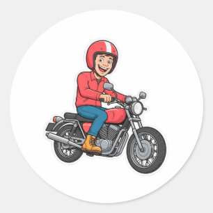 Pegatina Redonda Motociclista de dibujos animados montando una moto