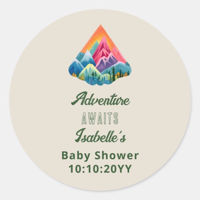 Pegatina Redonda Mountain Adventure espera Baby Shower (Anverso)