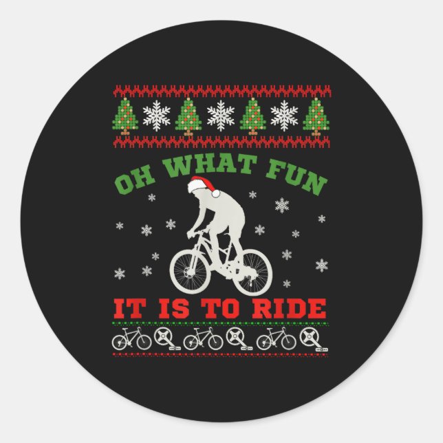 Pegatina Redonda Mountain Bike Rider, Oh What Fun Christmas Ugly Sw (Anverso)