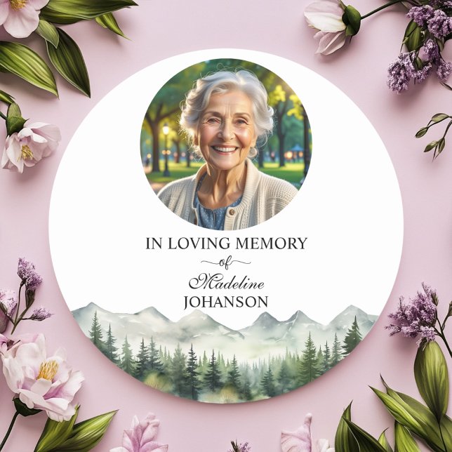 Pegatina Redonda Mountains and Trees Celebration Of Life Funeral (Subido por el creador)
