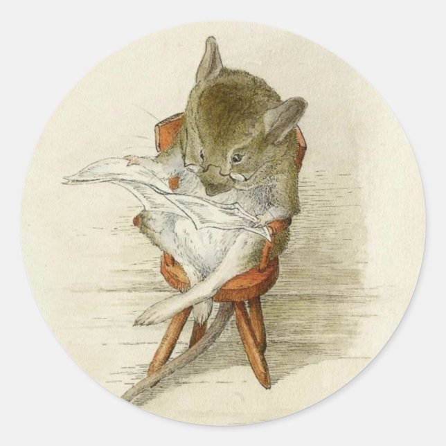 Pegatina Redonda Mouse abuelo leyendo un periódico (Anverso)