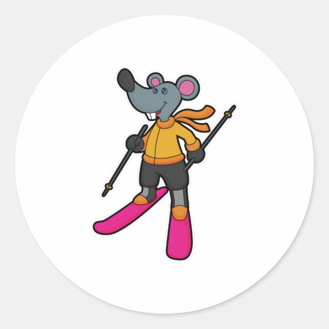 Pegatina Redonda Mouse as Skier with Ski (Anverso)