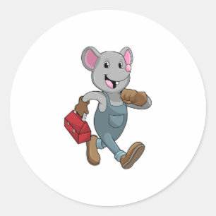 Pegatina Redonda Mouse como Handyman con Cuadro de herramientas