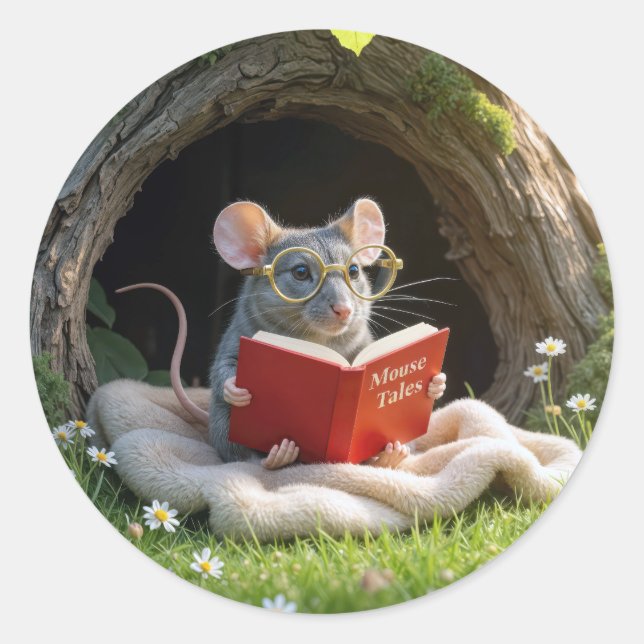 Pegatina Redonda Mouse Reading a Red Book On a Blanket (Anverso)