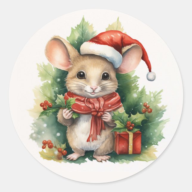 Pegatina Redonda Mouse Red Santa Hat navidad navidad nombre verde (Anverso)