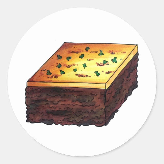 Pegatina Redonda Moussaka Placa de berenjena mediterránea griega (Anverso)