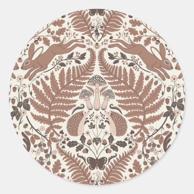 Pegatina Redonda Mousse de Mocha, animales y plantas de bosque (Anverso)