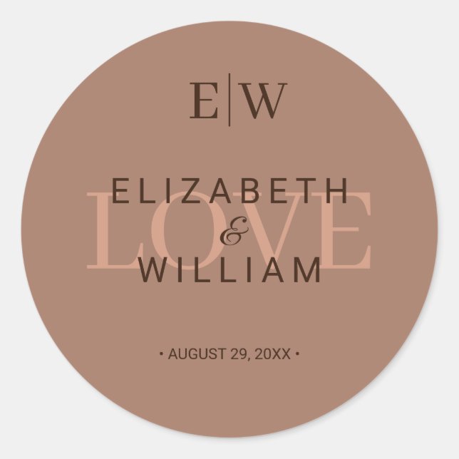 Pegatina Redonda Mousse elegante mocha simple con Boda monograma (Anverso)