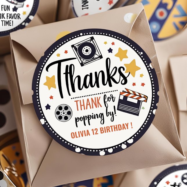 Pegatina Redonda Movie Night Thank You Sticker | Popcorn Birthday  (Subido por el creador)