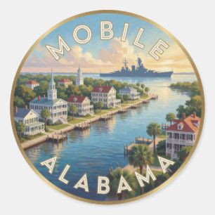 Pegatina Redonda Móvil Viaje Sureño al Frente Marítimo de Alabama