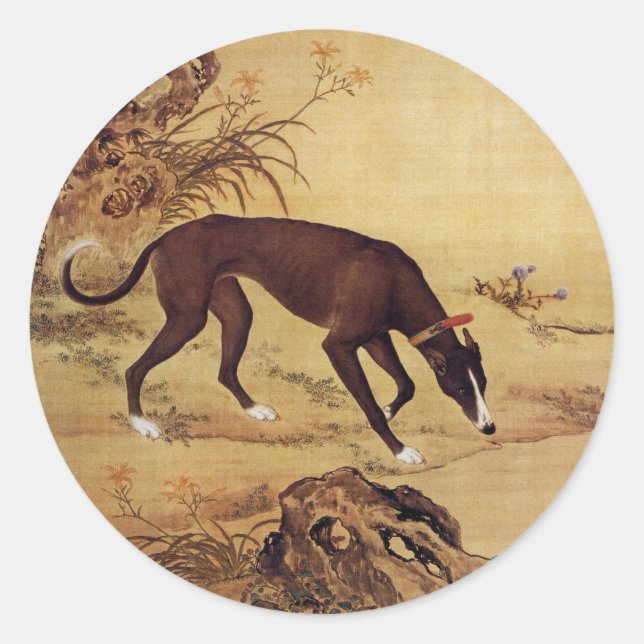 Pegatina Redonda Moyuli ~ 墨 玉 璃 ~ Greyhound ~ Giuseppe Castiglione  (Anverso)