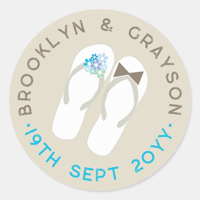 Pegatina Redonda Mr & Mrs Blue Flowers Flip Flops Beach Wedding (Anverso)