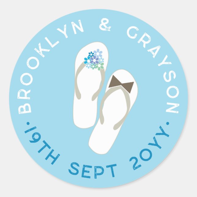 Pegatina Redonda Mr & Mrs Blue Flowers Flip Flops Beach Wedding (Anverso)