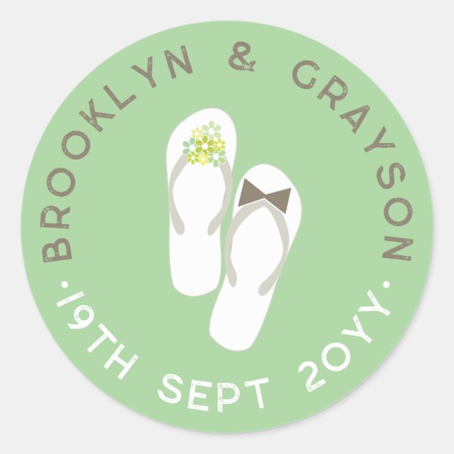 Pegatina Redonda Mr & Mrs Green Flowers Flip Flops Beach Wedding (Anverso)