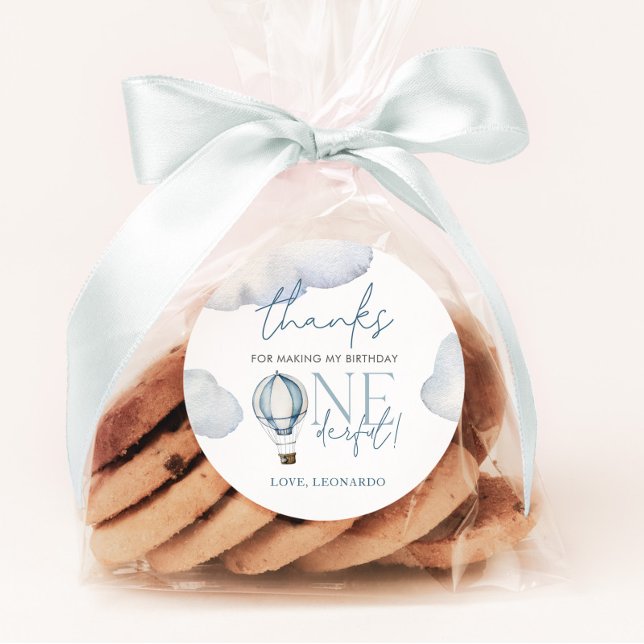 Pegatina Redonda Mr ONEMaravilloso Hot Air Ballon Boy 1er cumpleaño (Mr Onederful Blue Hot Air Balloon | Matching items available.)