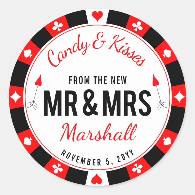 Pegatina Redonda Mr. y Mrs. Las Vegas Poker Chip Wedding Favor (Anverso)
