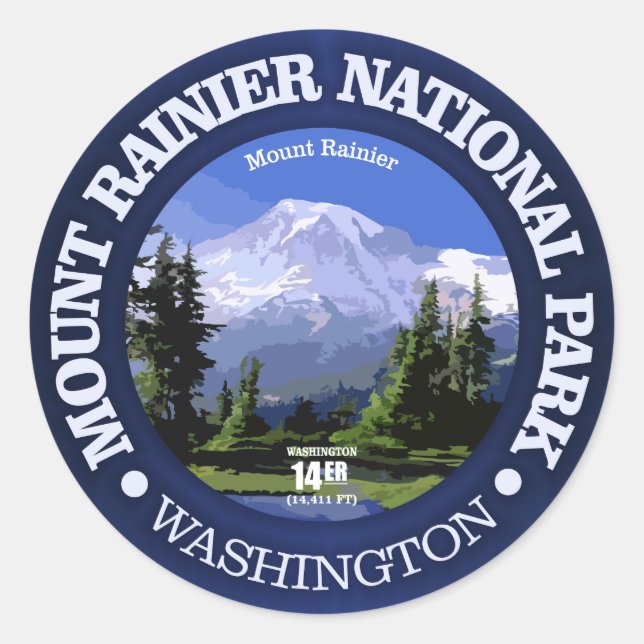 Pegatina Redonda Mt Rainier NP (Anverso)